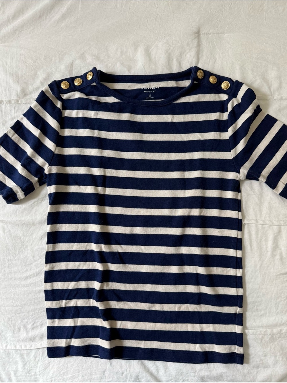 J. Crew Navy and White Striped Short-Sleeve Tee with Gold Buttons